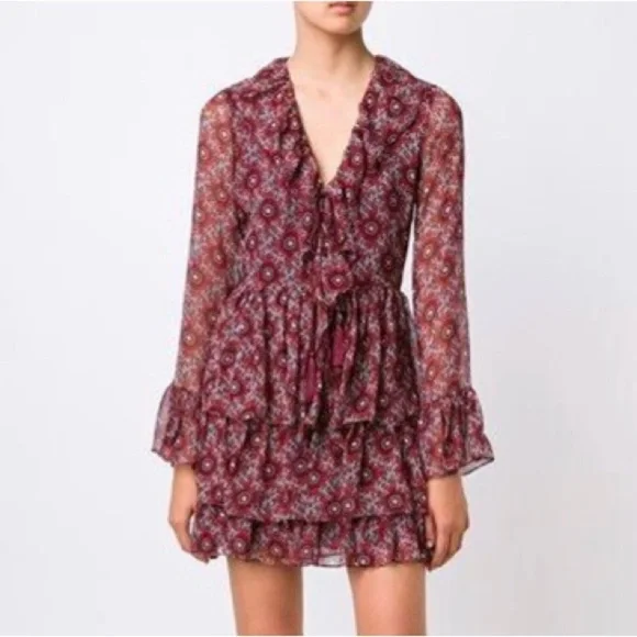 100% Silk Cinq á Sept Jasmine Floral Ruffle Fringe Dress - Picture 2 of 14